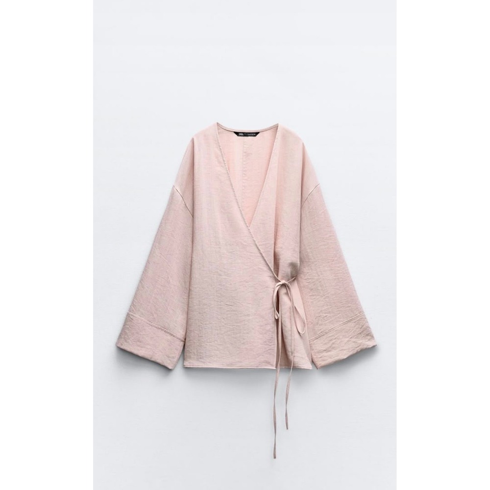 Zara Women Blush Pink Linen Blend Wrap Top Long Sleeve Kimono Style NWOT